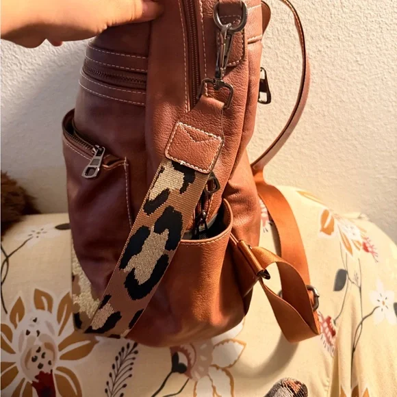 Vintage Tan vegan Leather Backpack with Patterned Strap - Picture 4 of 11